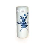 A Chinese porcelain brush pot, transitional, of cylindrical form, painted in underglaze blue with