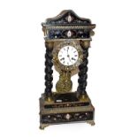 19th century French Portico mantle clock with boule inlay striking on a bell, 52cm high