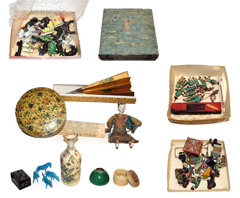 A quantity of assorted Chinese miniature pottery figures, some carrying lanterns, others pulling a - Image 2 of 2