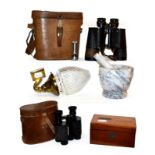 Two pairs of leather cased binoculars including Carl Zeiss Jena 7x50, brass wall sconce with cut