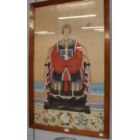 A framed Chinese portrait of an Empress seated upon a throne, dressed in silk robe with rank