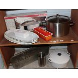 Kitchen items comprising of a Le Creuset white enamel casserole dish with cover, volcanic enamel