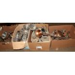 Four boxes of assorted metal wares including copper samovar, steel firetools together with various