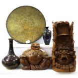 A collection of Oriental decorative items to include two cloisonne vases, a Burmese wood carving,