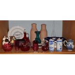 Assorted items including Victorian cranberry glass, Staffordshire figure of two boxers, Victorian