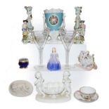 A tray of assorted porcelain including a pair of 19th century Coalport figural candlesticks, Dresden