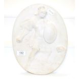 White marble oval relief of a warrior and lion, 31cm by 24cm