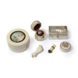 Assorted 19th century ivory and mother of pearl items to include a circular box set with a