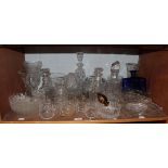 A quantity of assorted glass and cut crystal, including a pair of 19th century three ring decanters,