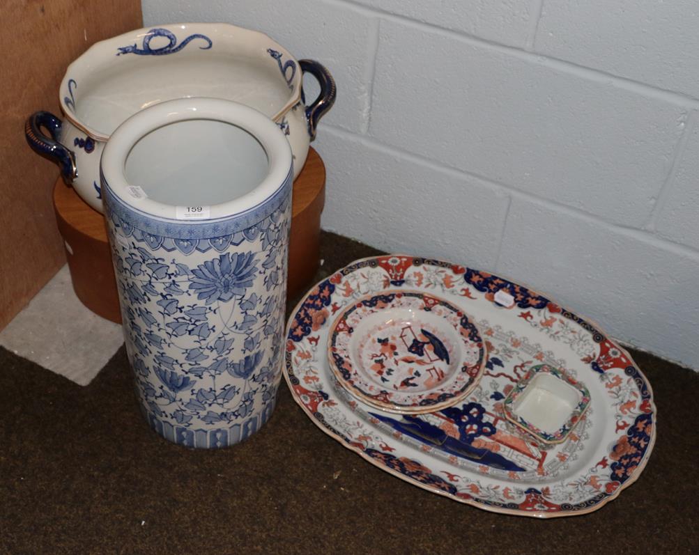 An early Victorian Masons Ironstone china meat dish decorated in the Imari palette, together with