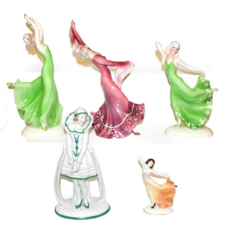 Four Art Deco Katzhutte (Thuringia) figures, modelled as female dancers, tallest 27cm and a German - Image 2 of 2