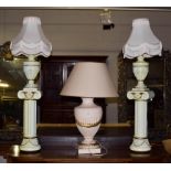 A pair of modern urn shaped table lamps with Doric column pedestals, larger urn shaped table lamp (