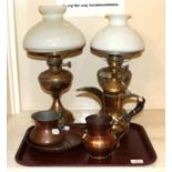 Two copper lamps, a Persian coffee pot, and two other items (5)