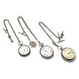 Three silver open faced pocket watches, with two attached silver curb link chains and attached
