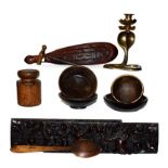 Assorted wooden items including a pair of period oak frieze carvings decorated with putti, Maori