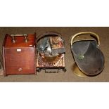 An Edwardian mahogany coal scuttle, brass coal bucket, brass jam pan, tile topped trivet and various