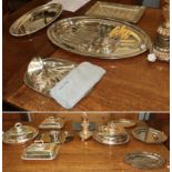 Quantity of silver-plated items comprising; pair of large circular covered dishes with dividers;