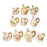 Ten Royal Worcester blush ware jugs including Victorian, mostly flat back and also including a