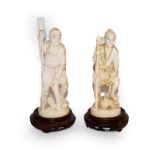 Two Japanese Meiji period carved ivory okimonos on hardwood stands, each formed as a fisherman, both