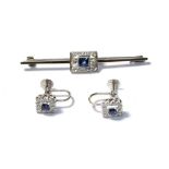 A sapphire and diamond bar brooch, stamped '9CT', length 5.2cm and a pair of sapphire and diamond