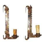 A pair of heavy iron adjustable saw-edge wall lights, 52.5cm (2)
