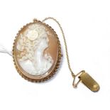 A cameo brooch, depicting a lady in profile within a yellow ropetwist border, measures 3.4cm by 4.
