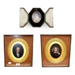 An oval portrait miniature of a lady in fitted leather easel case circa 1920, together with a pair