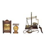 A Victorian oak cased mantel timepiece with brass dial, set of Caregie & Layton scales, Salter