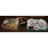A wooden sculpture and two boxes of assorted ceramics including Royal Albert, Aynsley, copper lustre