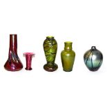 Two Art Nouveau Austrian iridescent glass vases, 21.5cm and 25cm (chips to rims) and three other