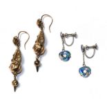 A pair of enamel drop earrings, unmarked, with screw fittings and a further pair of drop earrings,