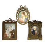 Three early 20th century portrait miniatures in gilt metal easel frames, one signed Denise (3)