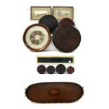 A Linthorpe tile inset tray, Edwardian marquetry serving tray, assorted Chinese hardwood stands, two