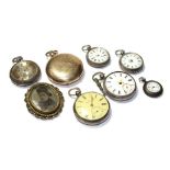 Two lady's silver pocket watches, three lady's fob watches with cases stamped 0.800 and fine silver,