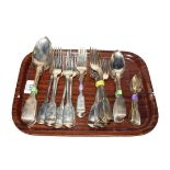 A tray of silver fiddle pattern flatware, eight William IV forks by James McKay assayed Edinburgh