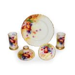 Five pieces of Royal Worcester painted by Kitty Blake with maple leaves, blossom and blackberries,