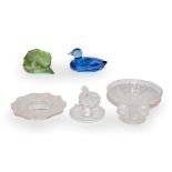 A quantity of modern Lalique glass to include a pedestal dish, the base formed as four birds,