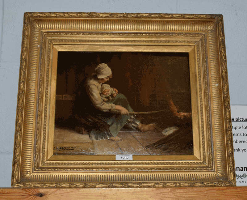 Manner of L H Deschamps (19th/20th century), mother stoking a fire and nursing a baby, bears