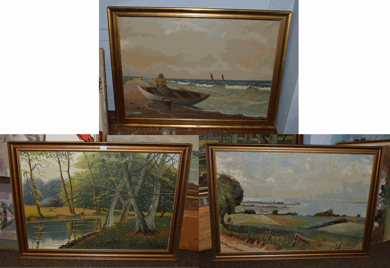 Continental school (20th century) fisherman unloading his catch, signed Peterson?, oil on canvas,