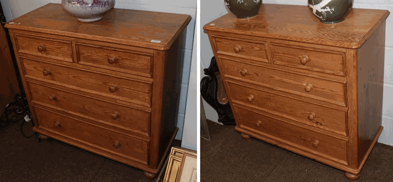 A pair of pine five drawer chests, of two short over three long graduated drawers, 91cm by 41cm by