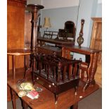 A mahogany Canterbury (a.f.), mahogany tray inlaid with shell patera on stand, magazine rack with