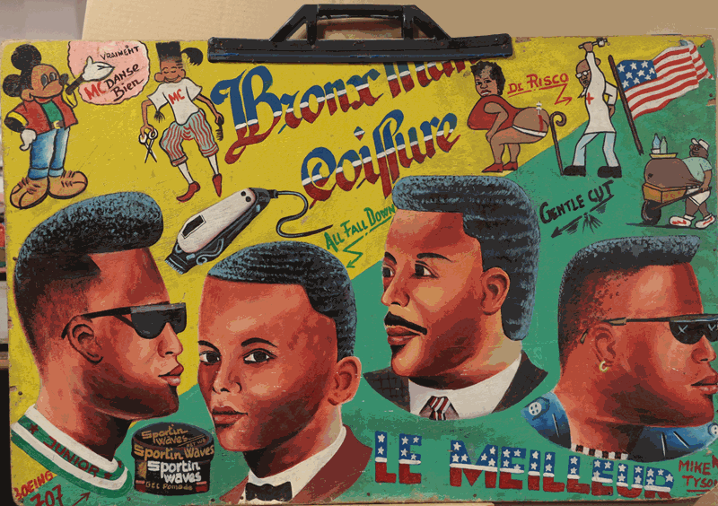 West African School (c.1980's) Naive Barber Shop Sign, oil on board. 55cm by 84cm