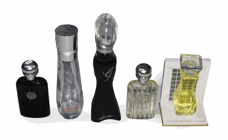 Four Giorgio Beverley Hills sunny factice glass scent display bottles, an advertising display
