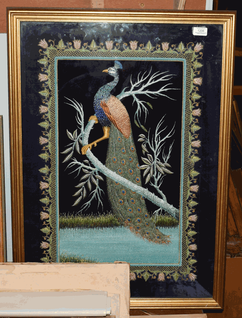 Modern decorative embroidered picture of a peacock on a velvet ground, worked in silk and gilt metal