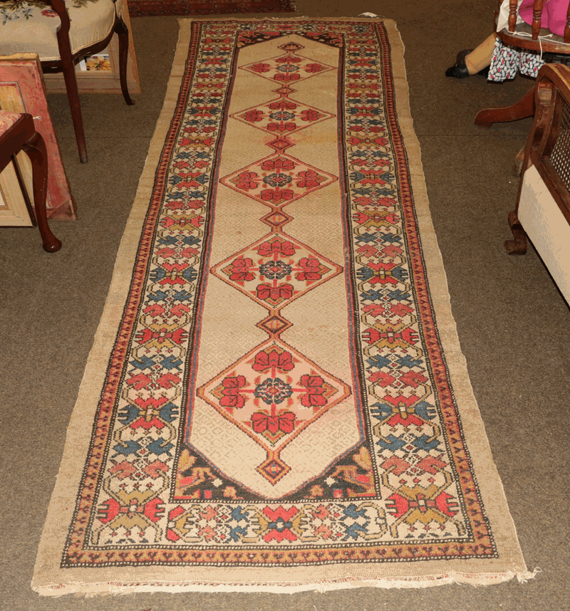 Sarak runner, the camel lattice field with rows of medallions enclosed by hashang borders 336cm by