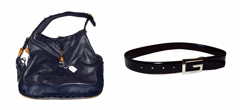 Gucci Navy Leather Shoulder Bag, with piston clasp on bamboo mount, shoulder strap with trim woven