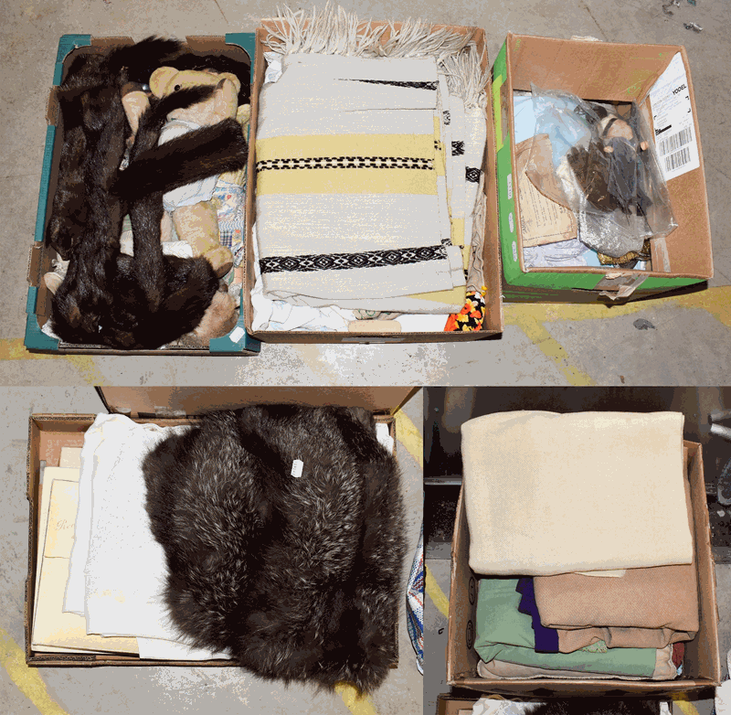 Assorted textiles and other items including a fox fur capelet, a mink stole, dolls, Teddy bear, Chad
