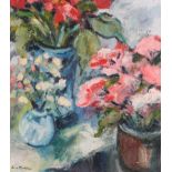 Anne Mendelow (b.1945) Study of red and white flowers in pots Signed, oil on canvas, 36.5cm by