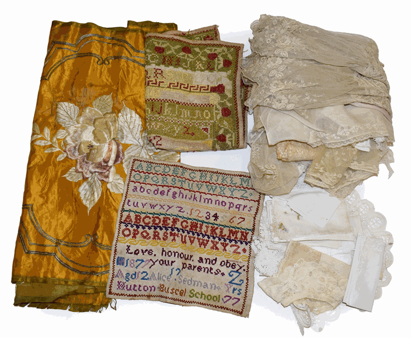 Assorted lace trims, underskirt, collars, decorative cotton handkerchiefs many with lace trims,