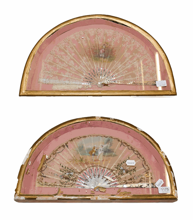 Two similar framed 19th century fans, comprising a silk and lace mount with central hand painted